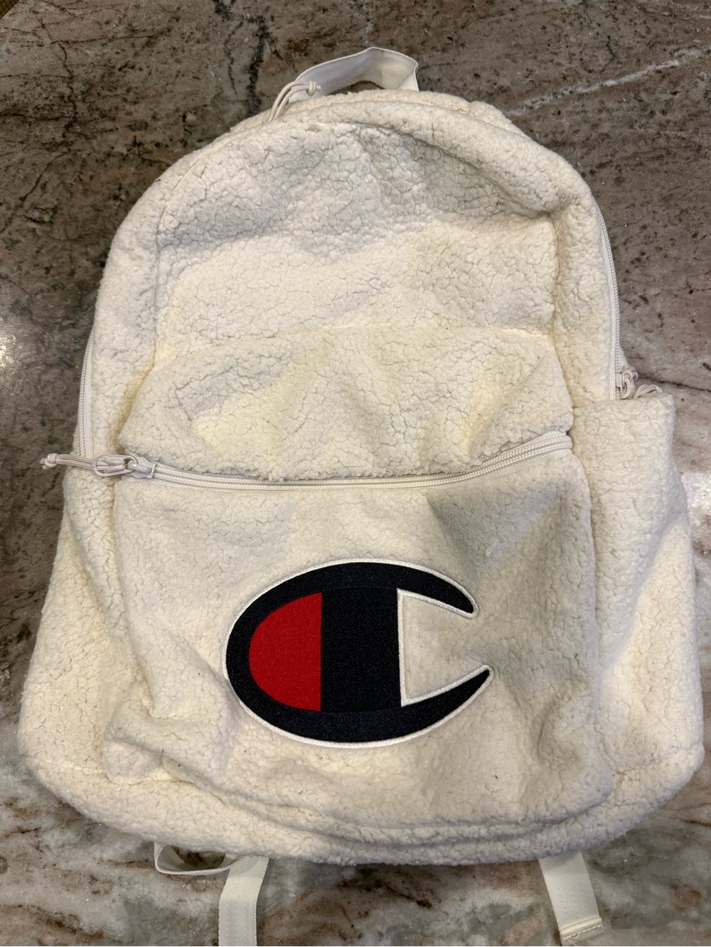 Champion Sherpa Fleece Backpack Cream Ivory Oversized Logo